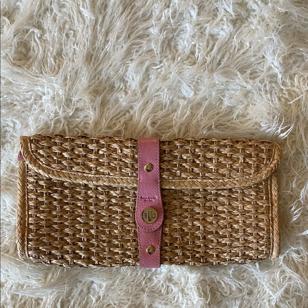 Kate Spade Natural Straw Clutch with Pink Strap